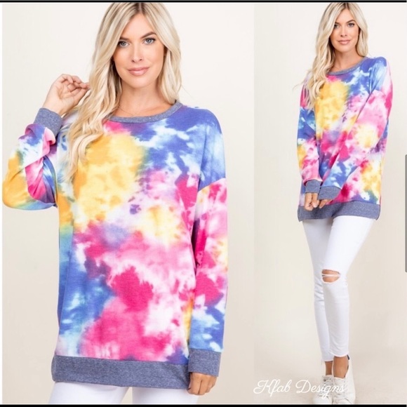 New! Tie Dye Waffle Knit Contrast Side Slit Band Relaxed Top - Picture 5 of 10